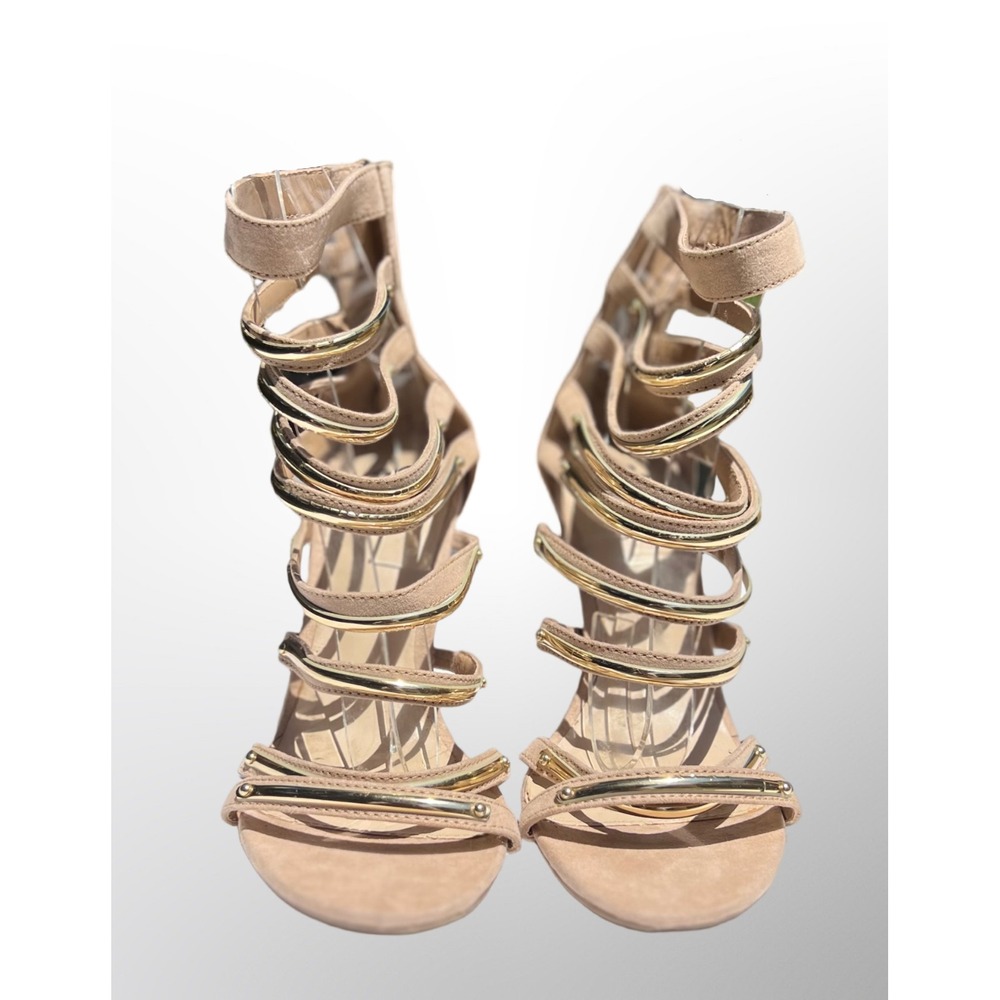 EUC 2b Bebe Nude Suede Strappy Gladiator Stiletto Heels Gold Metal Sandals Sz 9